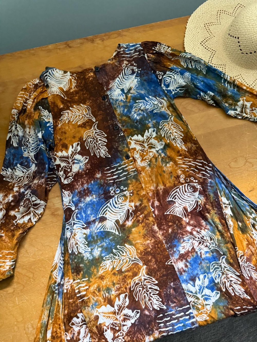 Vintage Batik Fish Print Dress Rayon Boho Handkerchief Hem Midi